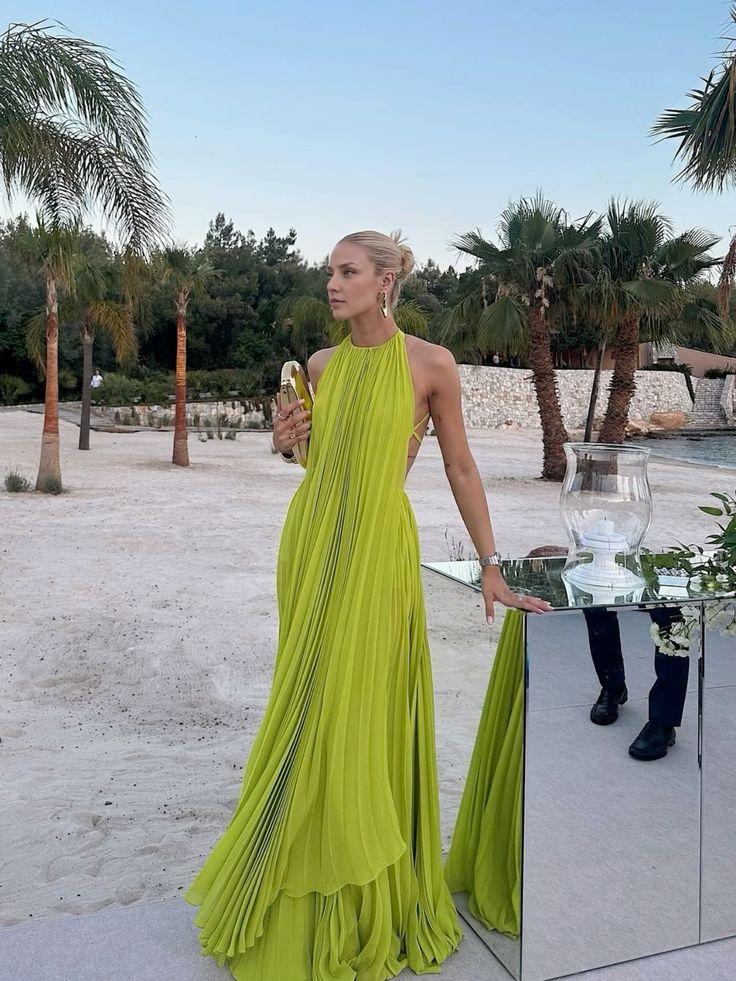 Weitese Dress Yellow Green Fashion Pleated Backless Long Elegant Chiffon Ball Gown Evening Dress Party Prom Dress